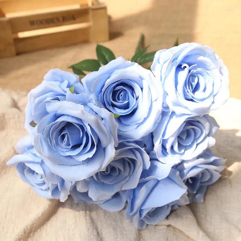 Dekorativa blommor Silksimulering Fake Rose Bouquet Wedding Decor Light Blue Flower Artificial Plant Balcony Garden Decoration Red Roses