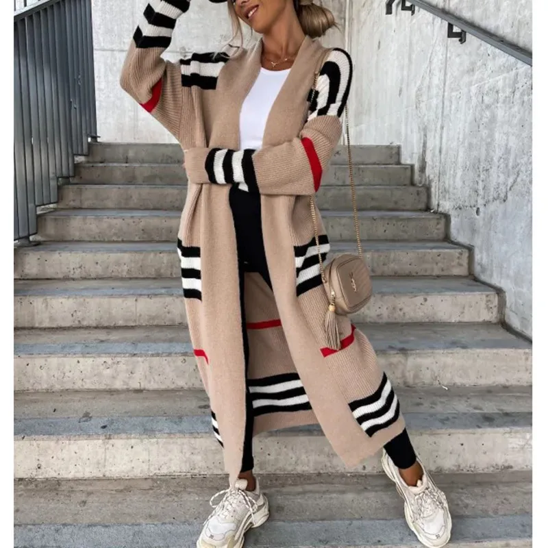 Femmes Tricots T-shirts Automne Hiver Tricoté Cardigan Femmes 2023 Rayé Patchwork Pull surdimensionné Lâche Long Survêtement Maxi Y2k Manteau Doux Veste 230413