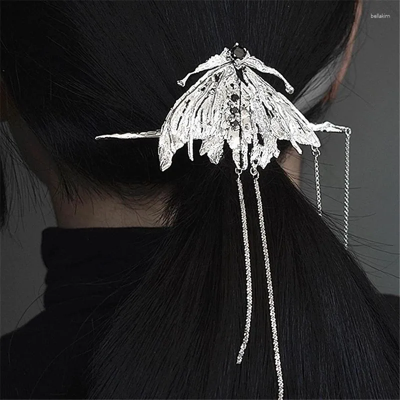 Hair Clips 2023 Vintage Silver Color Metal Moth Bump Texture Clip Pins Dark Butterfly Long Tassel Sticks Headwear For Women Gifts