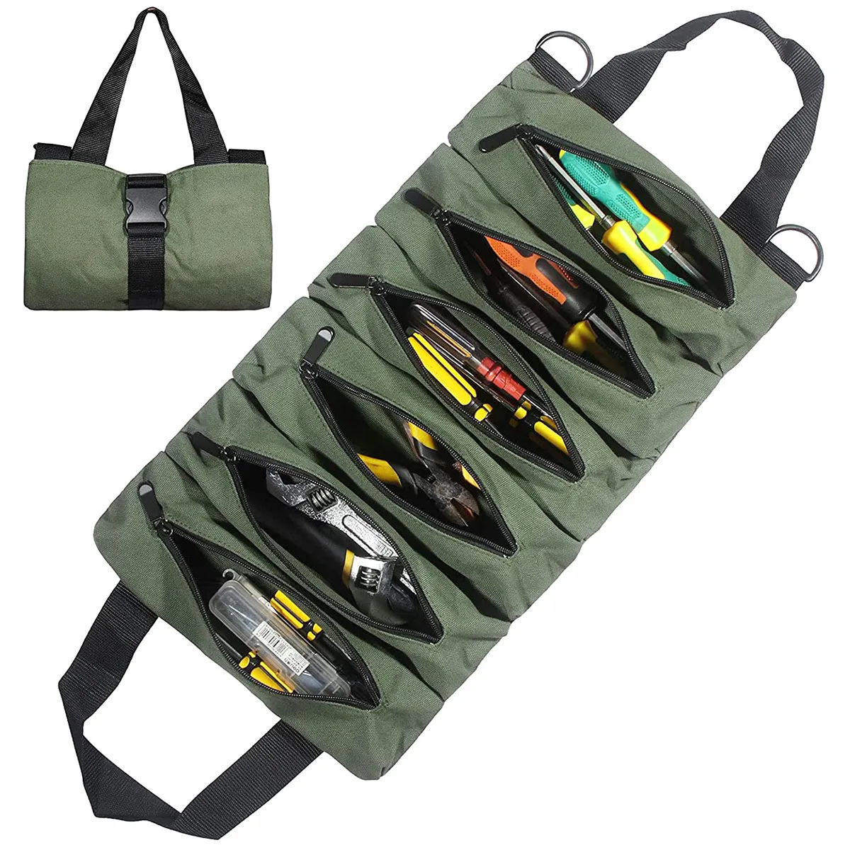 Tool Bag Canvas Tool Roll Up Bag Tool Pouch With 6 Zipper Pockets Large Capacity Tools Wrap Roll Storage Case Hand-held Tool Tote 230413