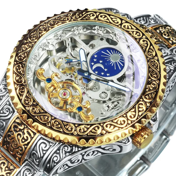 腕時計メンの自動監視メカニカルスケルトンメンズウォッチトップブランドの豪華な刻まれたヴィンテージムーンフェーズスチール230412