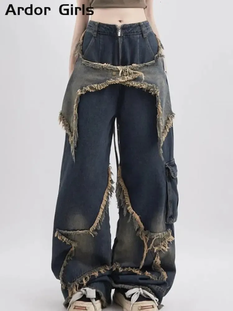 Women's Jeans Cargo Jeans Pants Women Street Loose Oversize Panelled Pentacle Raw Hem Pant Vintage Blue Hip Hop Female Denim Trousers 231113