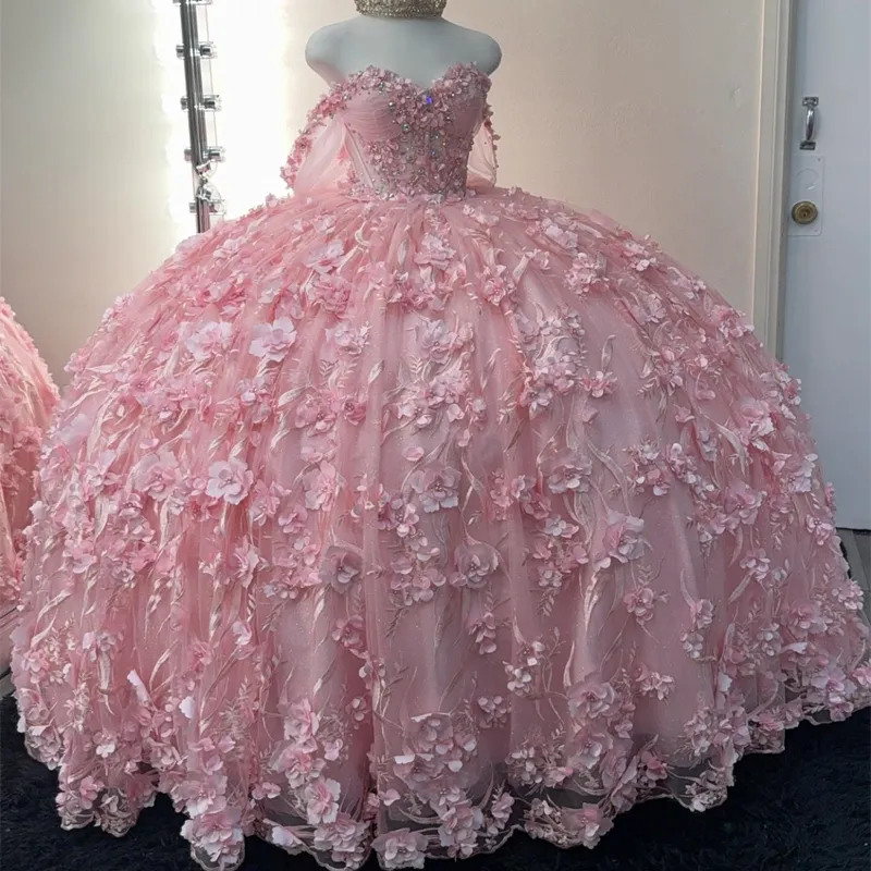 Off Shoulder Beaded Pink Quinceanera Ball Gown In Mexico Pink With 3D