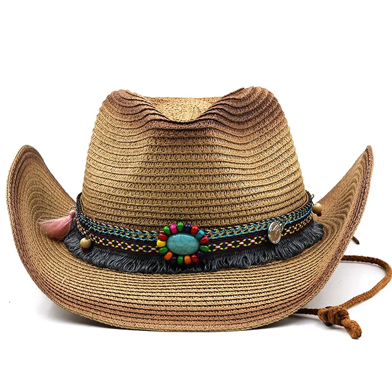 Summer Bohemian Spray Farba Western Słomka Kowbojowa Kapelusz Mężczyźni Eleganckie kobiety Punk Sombrero Hombre Cowgirl Outdoor Jazz Beach Sun Hat