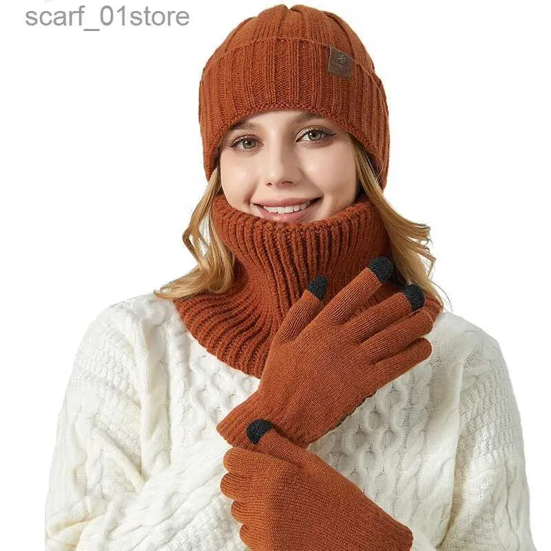 Hüte Schals Sets Herbst Winter Männer Hut Frauen Warme Dicke Warme Gestrickte Hut Schal Gs Drei-Stück Set Skullies beaniesL231113