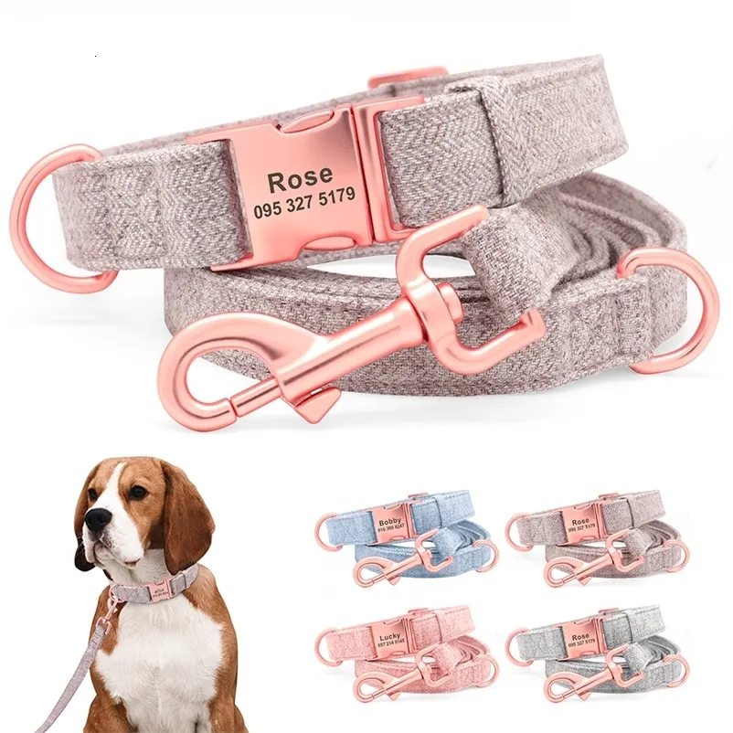 Dog Collars Leashes Custom Engraved Dog Collar and Leash Durable Hemp Pet ID Collars Lead Rope With Name Buckle Plate For Small Medium Large Dogs 231110