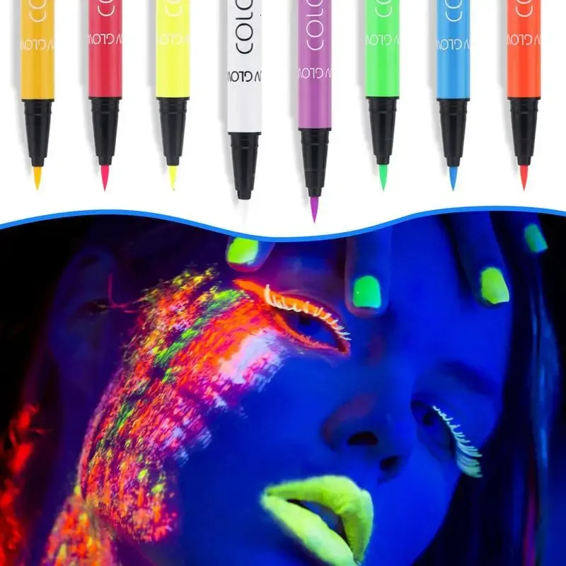 Lidschatten-/Liner-Kombination, 8-Farben-Set, Neon-Flüssig-Eyeliner, UV-Licht, Neon-Eyeliner-Stift, Halloween-Eyeliner-Stift, Make-up-Pigment, Grün-Orange-Eyeliner-Stift 231113