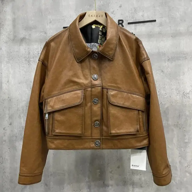 Women's Leather Autumn Short Genuine Jacket Women Retro Sheepskin Oil Wax Lapel Pocket Single-Breasted Coats Y3093