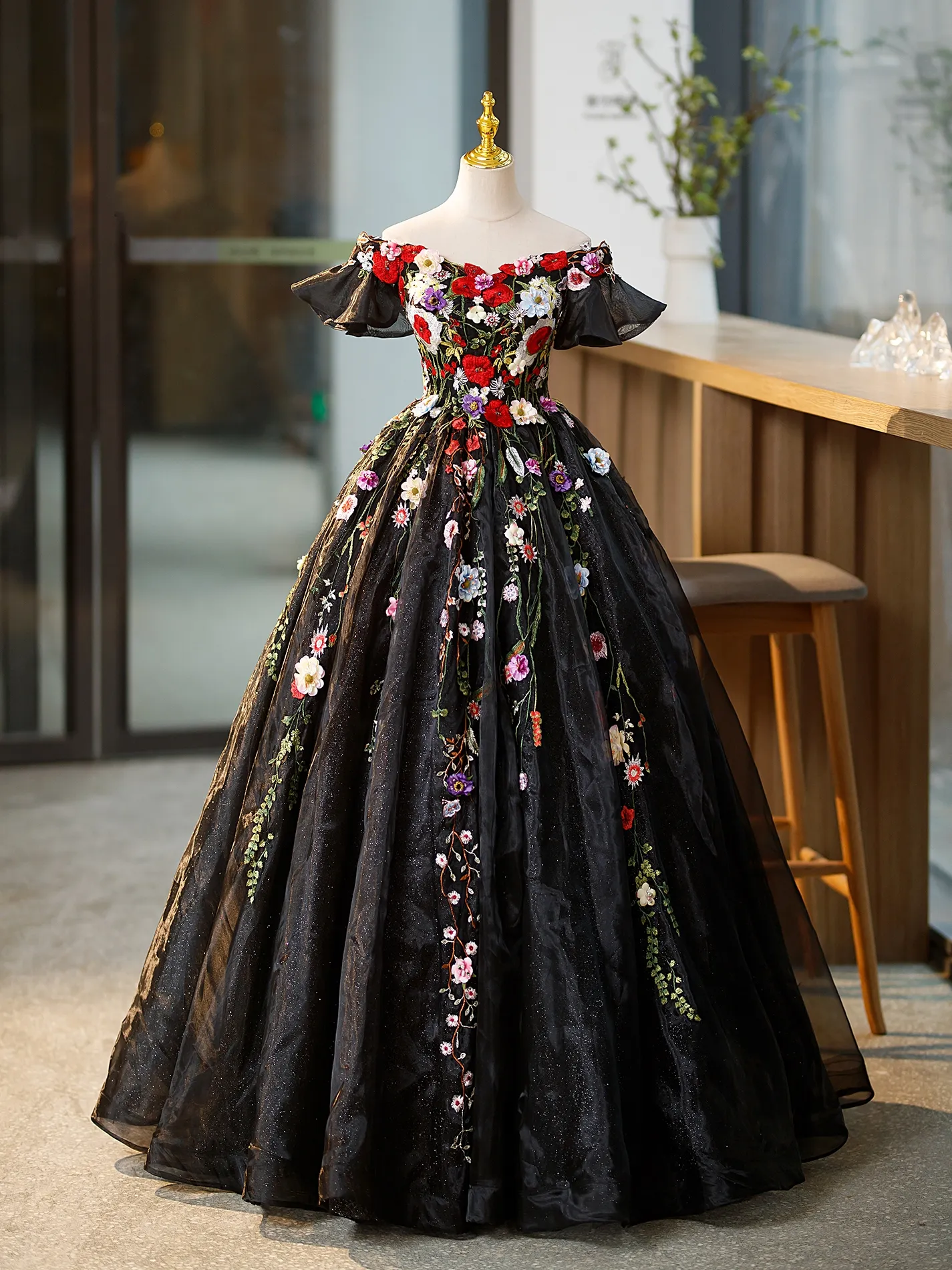 Black gown with flowers cheap