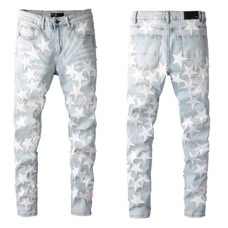 Jeans pour hommes designer marque de luxe pantalons jeans déchirés patch pentagramme lavages slim-fit petite jeans pantalons en coton