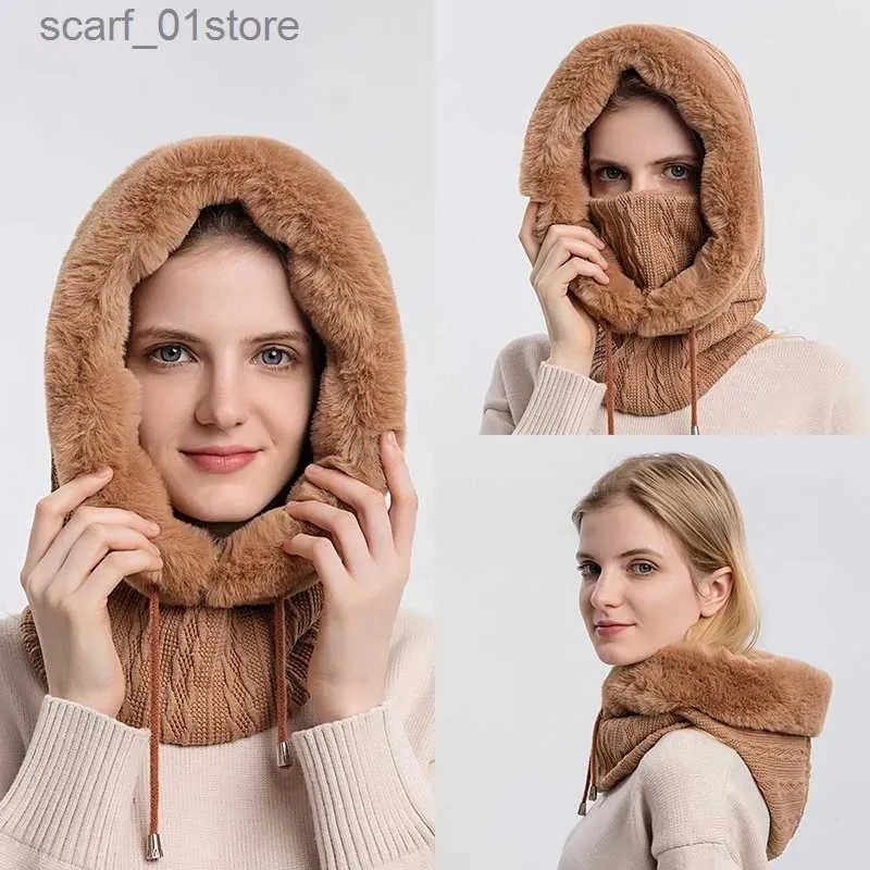 Chapeaux Foulards Ensembles Chapeau d'hiver pour femmes Masque à capuche Masque Fluff Garder au chaud Épaissir Style Écharpe à capuche Cs Beanie Tricoté Cachemire Cache-cou L231113