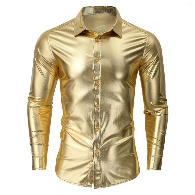 Camisas de vestido masculinas luxo metálico ouro brilhante retro 70's disco nightclub roupas de baile tendência festa banquete casamento chemise homme