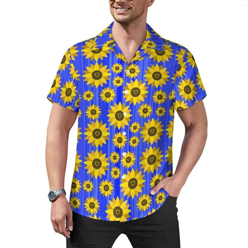 Freizeithemden für Herren, Sunflower Love-Hemd, gelbe Blumen, bedruckt, Urlaub, lockere hawaiianische Y2K-Blusen, kurzärmeliges, grafisches Oversize-Oberteil