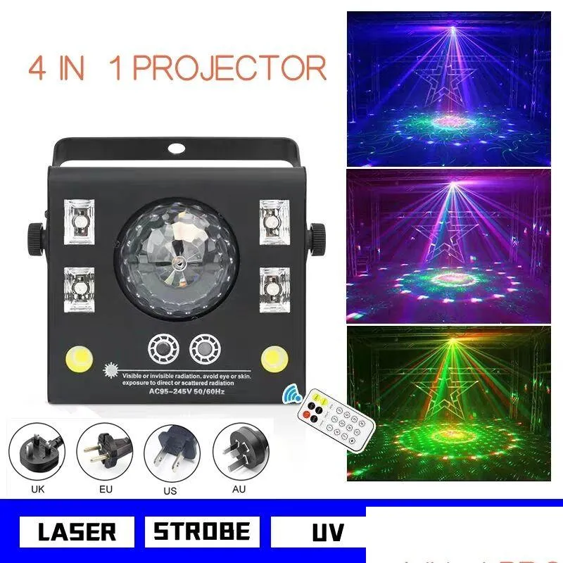 레이저 조명 DJ 라이트 4 in 1 혼합 효과 LED 패턴 램프 스트로브 램프 리모컨 사운드 활성화 스테이지 조명 DMX 홈 DHPR9