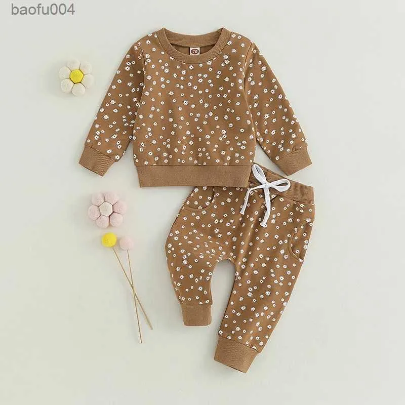 Conjuntos de roupas infantis do bebê meninas outono conjuntos de roupas flor impressão manga longa camisolas calças compridas crianças casual