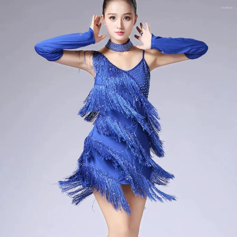 Stage Wear 4 Pieces Dance Outfit Sexy One Piece Latin Dress Spaghetti Strap Rhinestone Sequin Fringe Mini Salsa Samba Costume