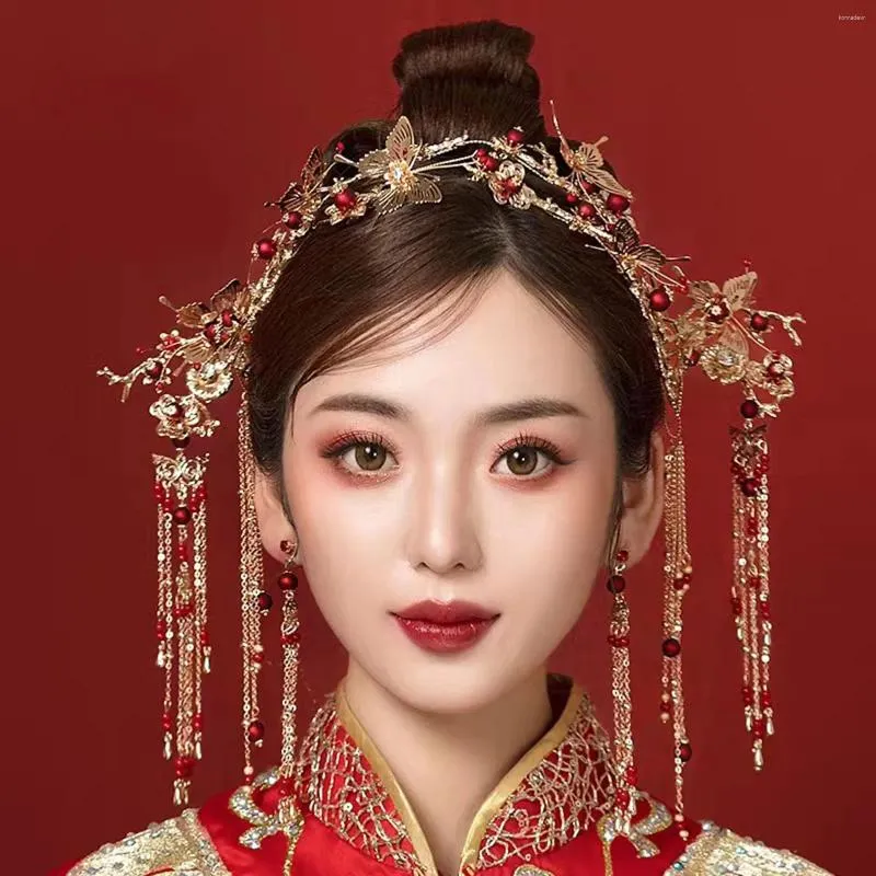 Ketting Oorbellen Set Traditionele Chinese Stijl Kroon Voor Bruid Bruiloft Haaraccessoires Vintage Hoofddeksels Cosplay Hanfu Hoofdtooi