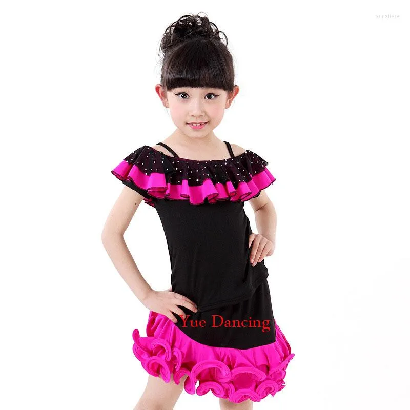 Stage Wear 4-15Y Filles Fleur Vagues Latin Tops Et Jupes Enfants Paillettes Standard Compétition Robe Enfants Spectacle Costumes À Vendre