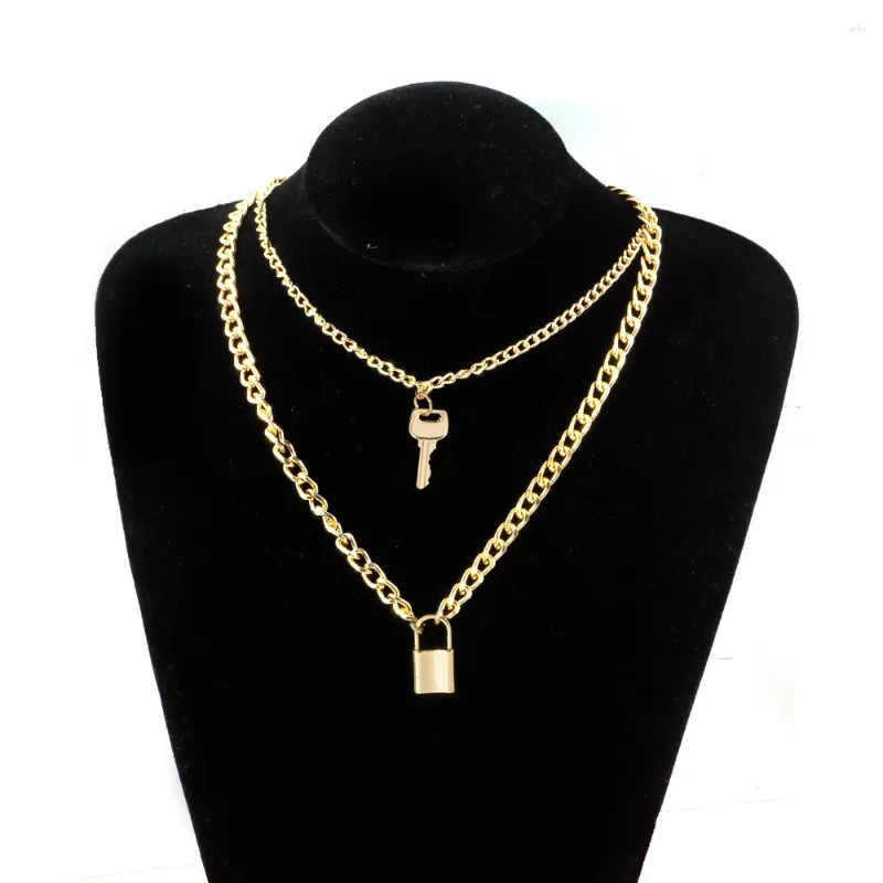 Pendant Necklaces Double Layers Key Lock Necklace Silver Color Link Chain Padlock Hiphop Women Men Gothic Wedding Party Jewelry