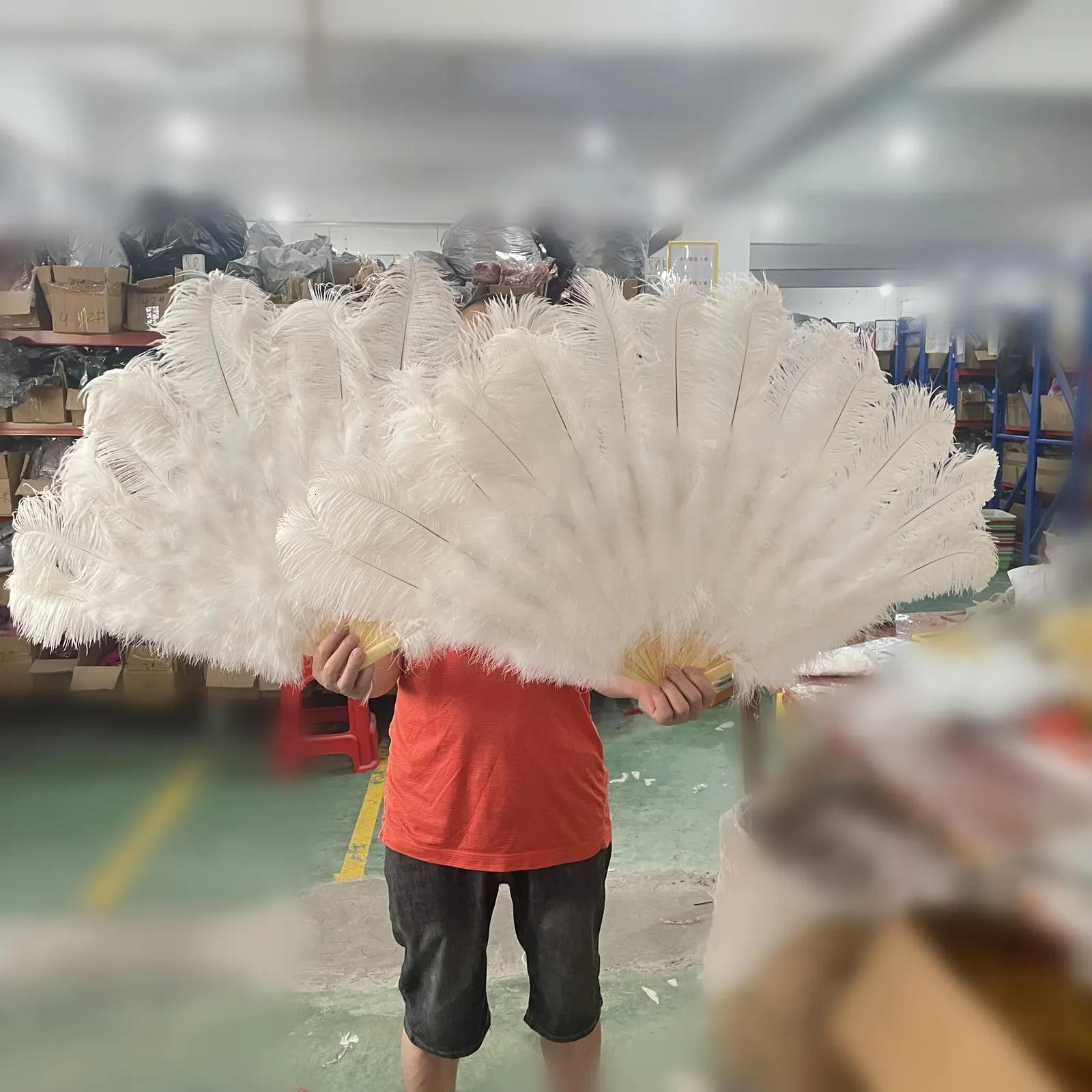 Customizable 13 Bone Fluffy White Ostrich Feather Large Fan For