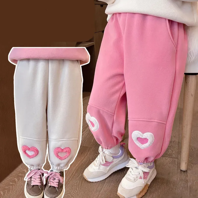 Pantalons Filles pantalons polaires pantalons chauds pour enfants amour coeur enfants pantalons automne hiver bébé épaissir vêtements Style coréen 231113