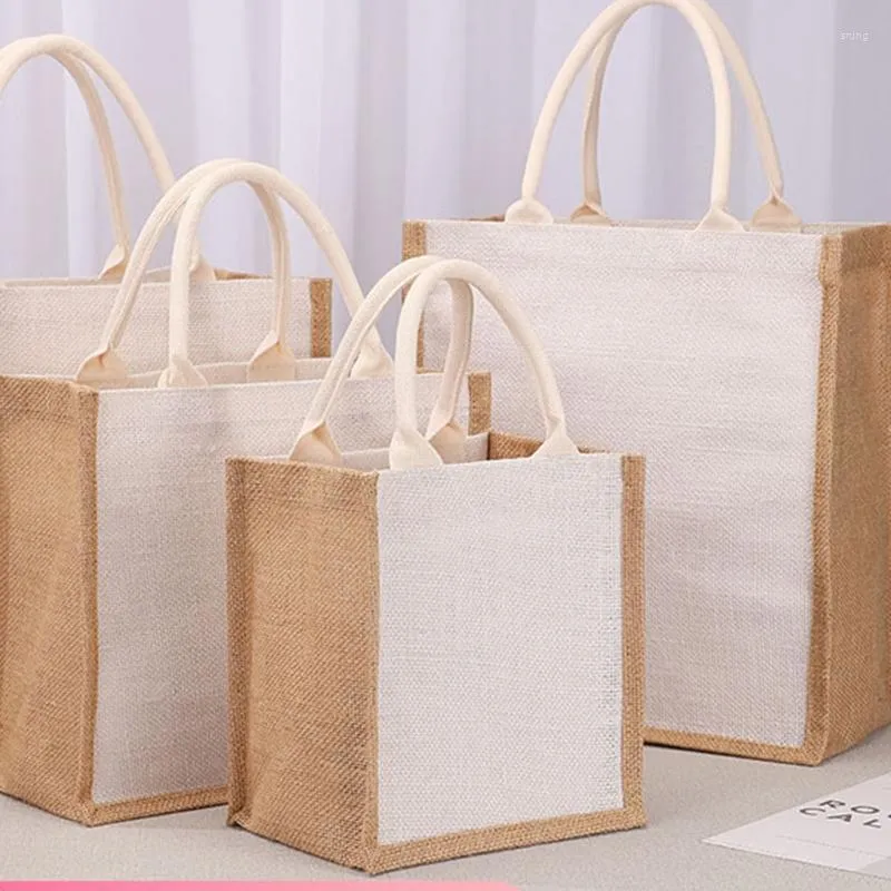 쇼핑 가방 63HC Blank Burlap Jute 토트 핸들 웨딩 신부 들러리 선물 자수 DIY Art Crafts