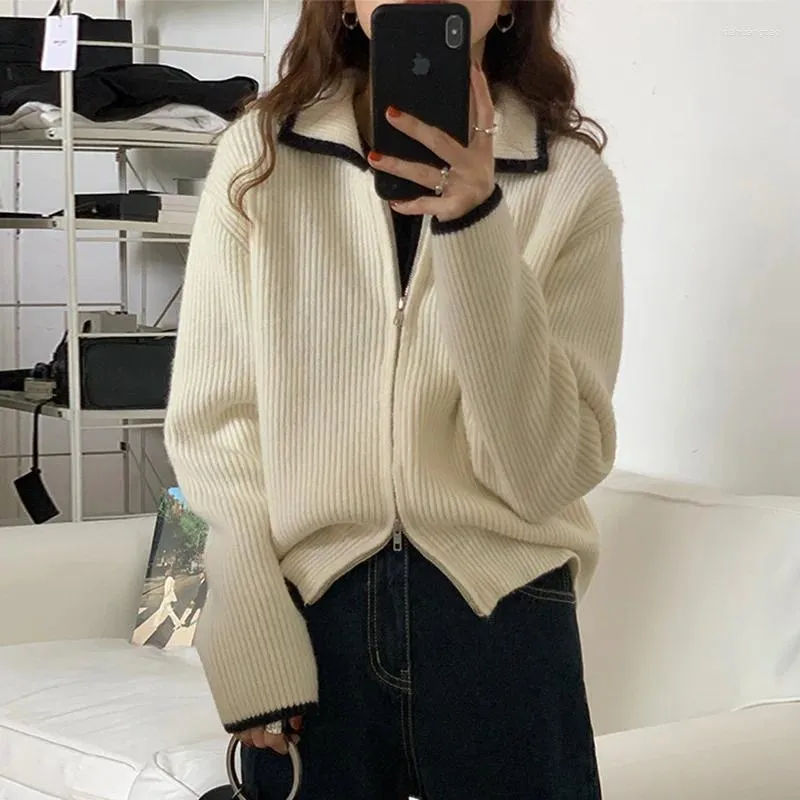 Women's Knits Double Zip Knit Cardigan Tops Thick Sweater For Women Korean Fashion Turn Down Collar Long Sleeve Coats Lady Winter Clothes