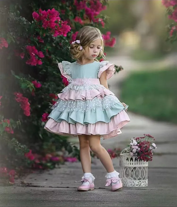 Mädchenkleider 0-12y Baby Mädchen Sommer grün rosa Vintage Spanische Ballkleid Lolita Prinzessin Spitzenkleid für Urlaub Casual 230413