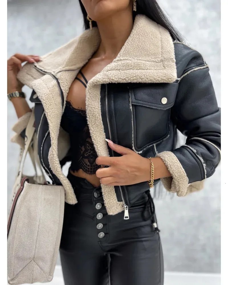 Женские куртки из искусственной кожи, женские короткие толстые теплые черные верхняя одежда, женское бархатное пальто с лацканами в стиле ретро, зимние топы 231110