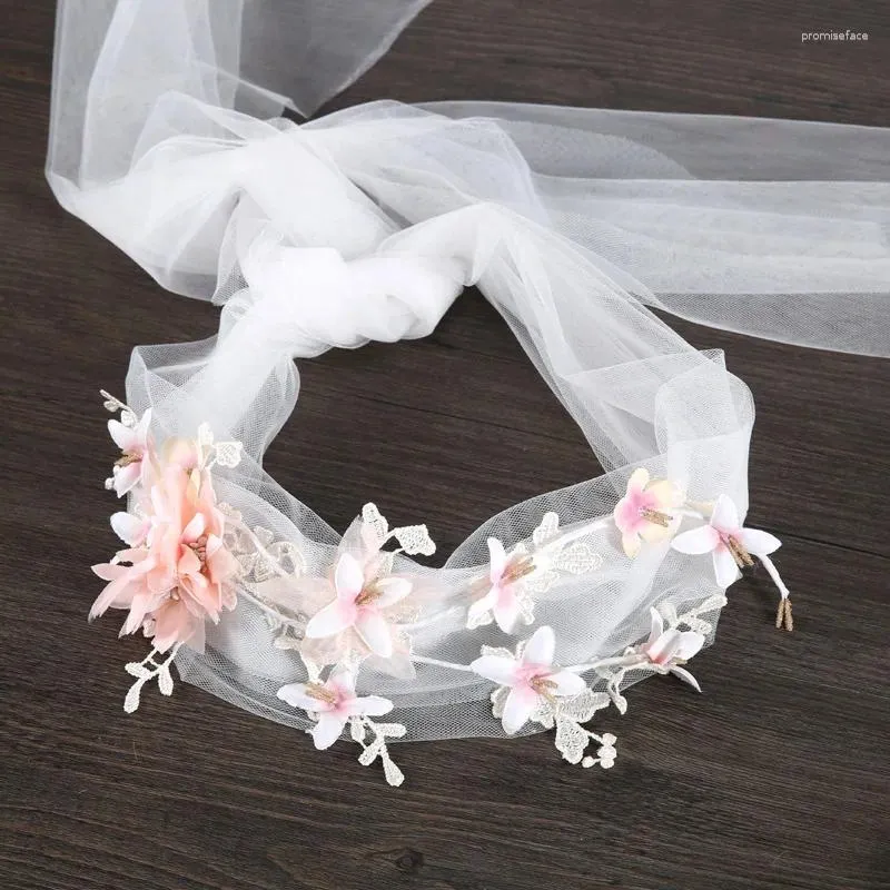 Saç klipsleri 1 adet pembe çiçek uzun iplik kafa bandı gelin düğün mücevher kız dantel aksesuarları açık parti moda şovu headdress
