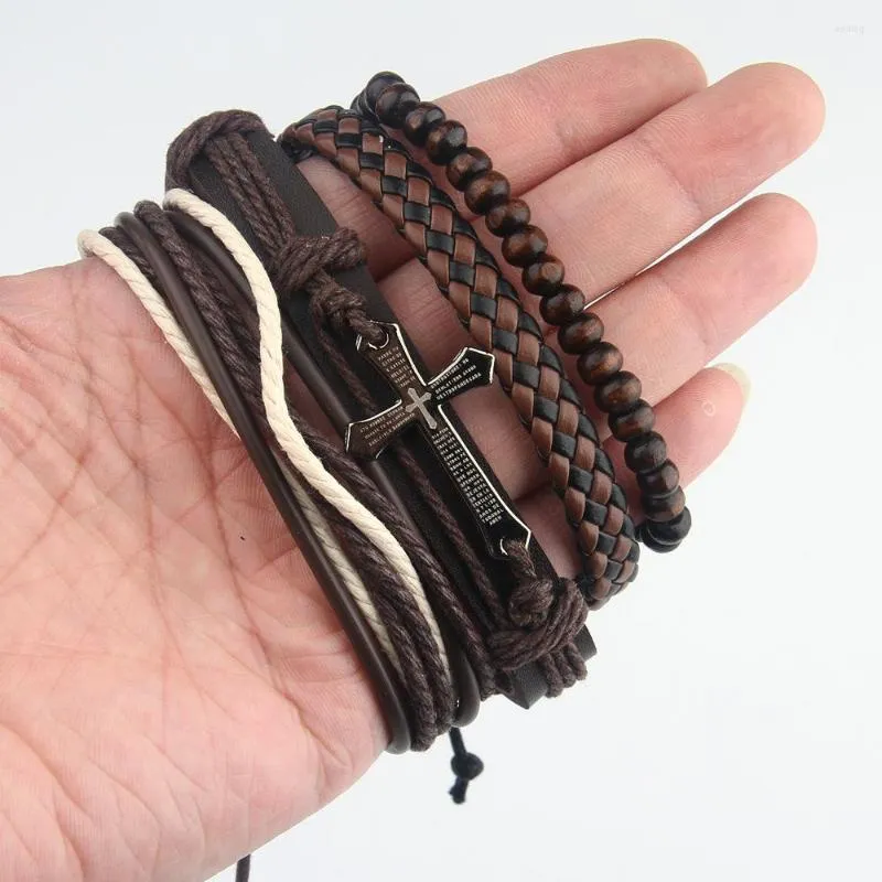 Charm Bracelets Vintage Cross Scripture Handwoven Leather Bracelet Personality Fashion Men Women Amulet Jewelry Accessories