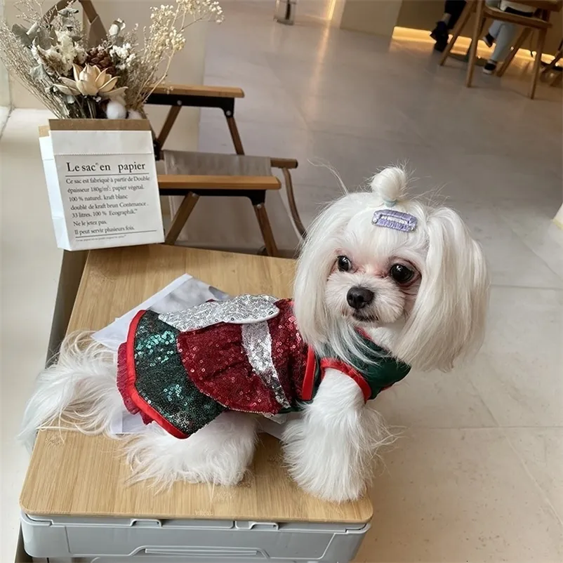 犬のアパレル手作りの犬の服ペットプリンセスドレスクリスマススパンコール光沢のあるコスチュームフェスティバル休暇年マルタプードル231110