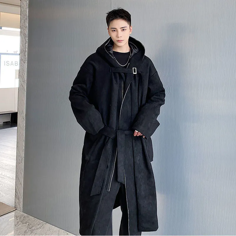 Men's Trench Coats Autumn Winter Men Suede Long Hooded Coat Windbreaker Japanese Streetwear Fashion Loose Black coat Jacket Overcoat 230413