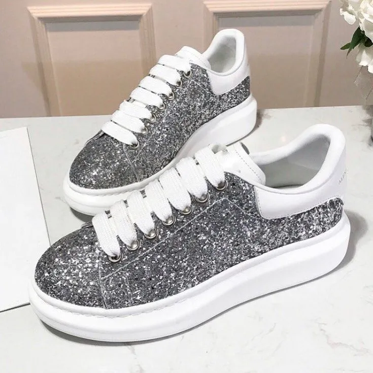 Women Men Casual Shoes Brand Designer Platform Shoe Leather Sports Sneakers Luxury Espadrilles High-quality Diamond Silver Sequins Trainers Outdoor Travel