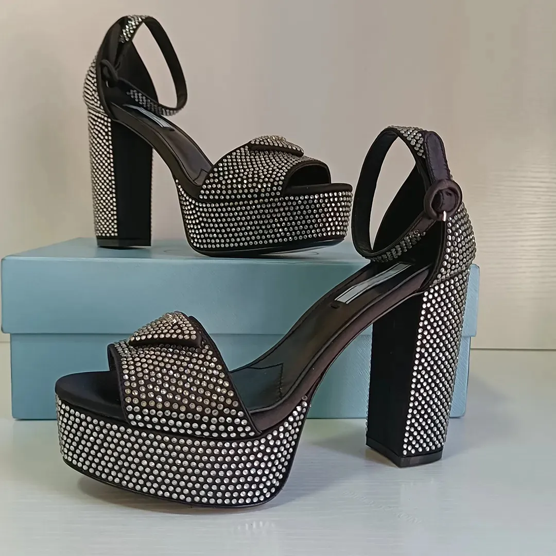 Sandały damskie obcasy rhinestone klasyczny trójkąt klamra ozdobiona 13 cm obcasowa obcasowa pięta platforma butów na pięcie sandał 34-43