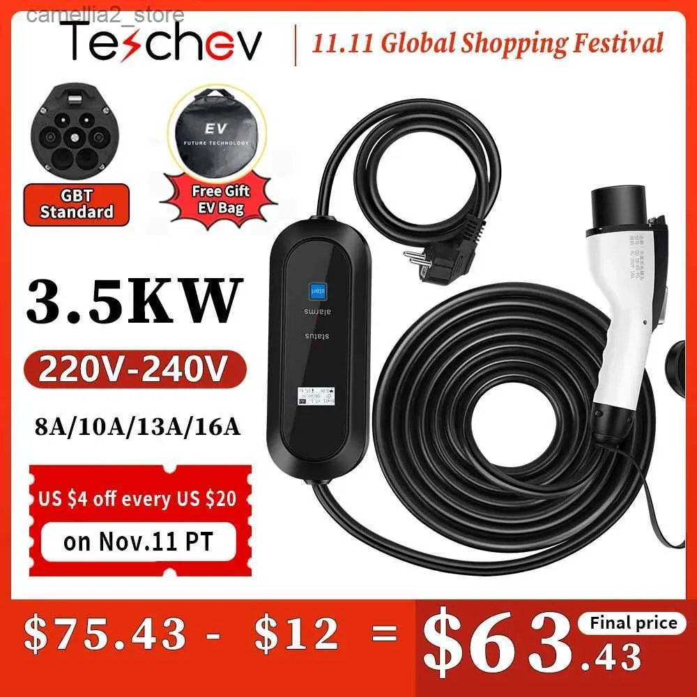 Zubehör für Elektrofahrzeuge Teschev 220 V 3,5 kW tragbares EV-Ladegerät GB/T 16 A Ladekabel EU-Stecker Controller Wallbox 3,5 m 5 m Auto-Ladegerät für Elektroauto Q231113