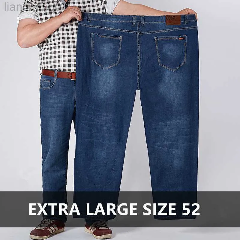 Herr jeans klassiska stretch jeans män överdimensionerade plus size big denim manlig lös elastiska byxor 44 46 48 50 52 hög midja långa arbetsbyxor w0413