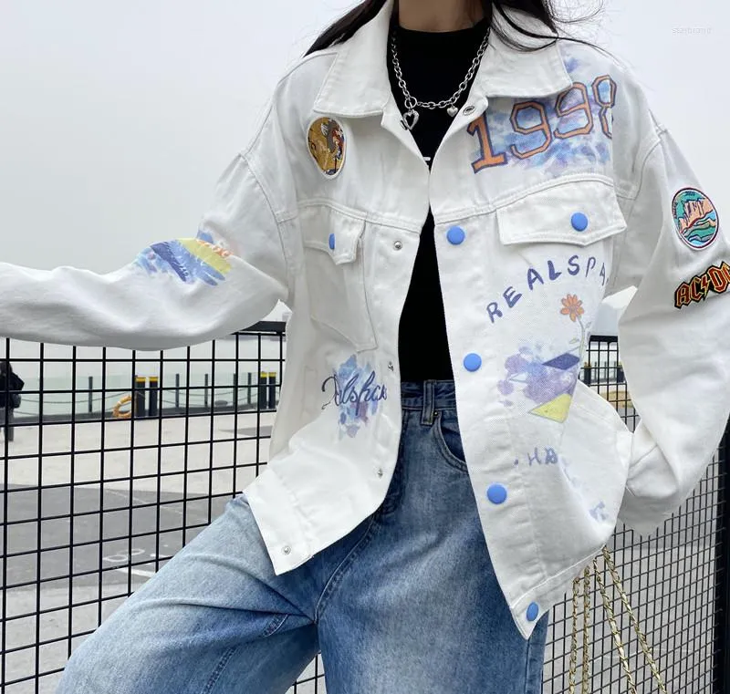 White denim jacket with cheap patches
