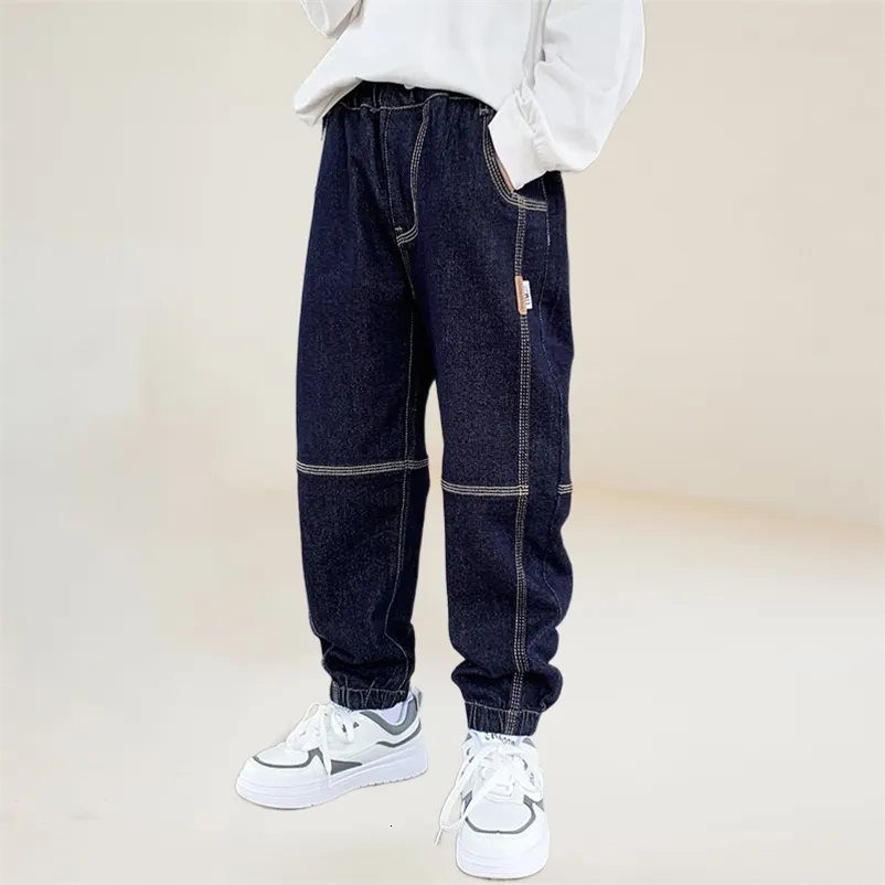 Jeans Garçons point détail patchs Harem élastique manchette cheville jean grands garçons printemps automne jean bleu foncé pantalon mode vêtements décontractés 230413