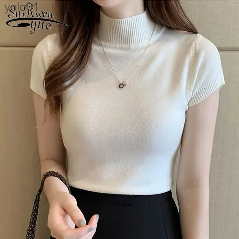 Chandails pour femmes Casual Femmes Vêtements Coréen Court Sle Tricoté Top Blusas jer De Moda Printemps Été Solide Slim Col Roulé Blouse Blanche 8622L231113