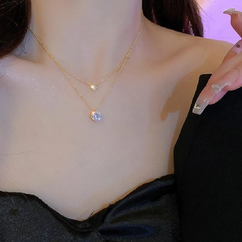 Kedjor lovelink mode dubbel lager geometriska transparent kristallhängen halsband kvinnor guld färg metall korta choker fina smycken