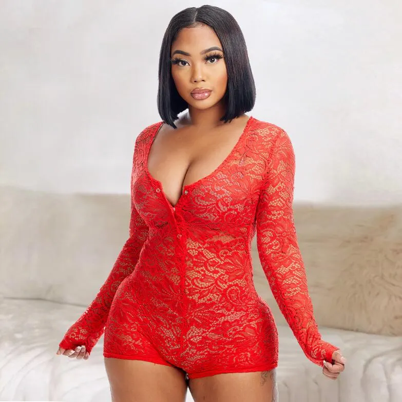 CO122 Women's Rompers long sleeve bodycon sexy lace Jumpsuits One-piece shorts Women's Clothing