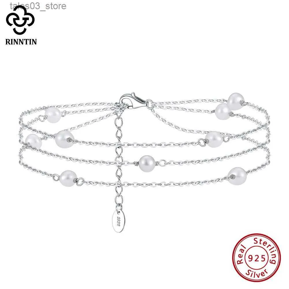 Tobilleras Rinntin 925 Plata de ley Tres capas de perlas naturales Tobilleras para mujer Moda Pulsera de pie Correas de tobillo Joyería SA52 Q231113