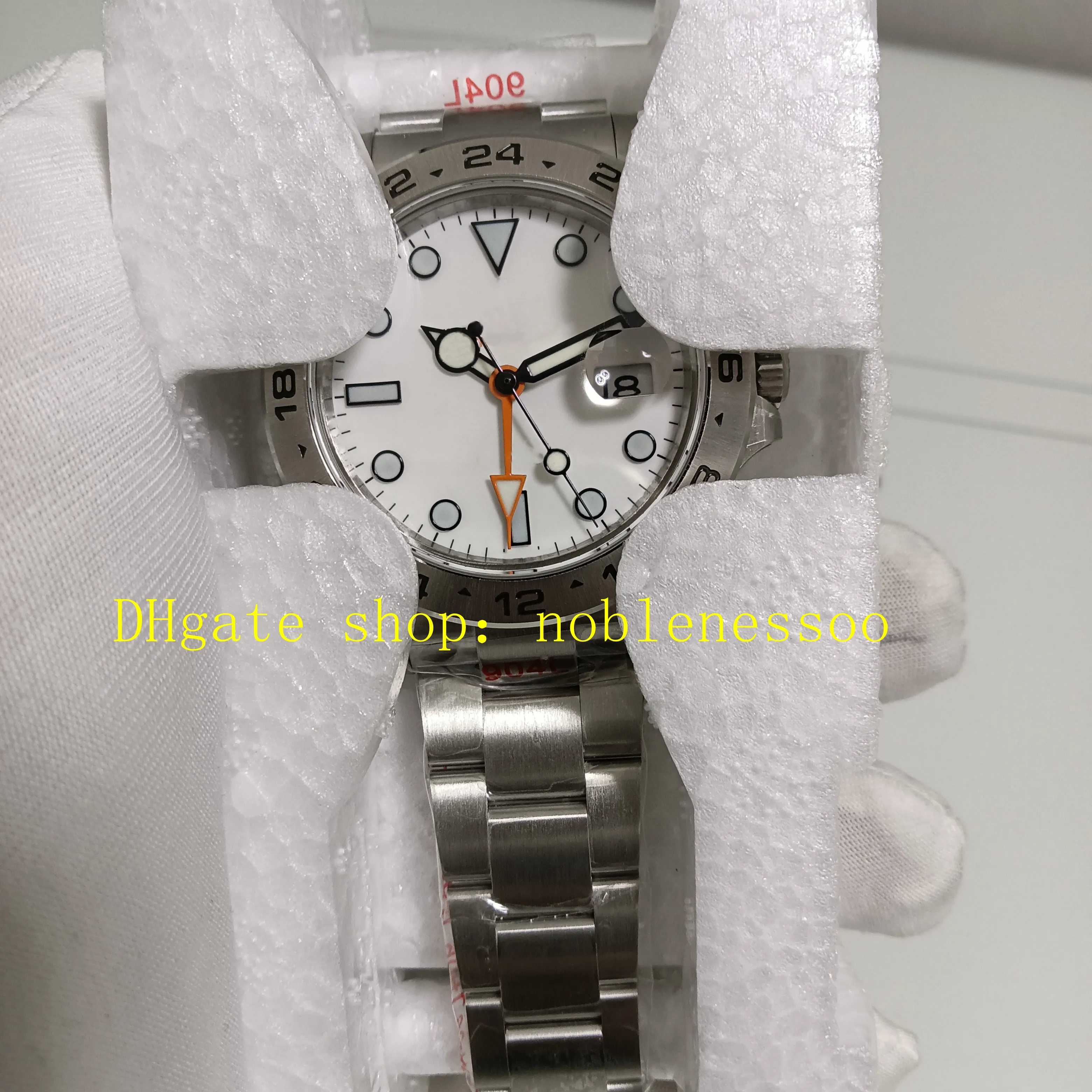 2 Color Heren 42mm Automatisch Horloge Witte Wijzerplaat Oranje Wijzer 904L Stalen Armband GMF Cal.3187 Uurwerk