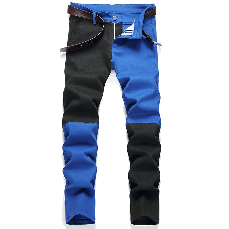 Due colori cuciture per jeans maschili maschili slim trating pantaloni di denim rosso nero blu bianco i pantaloni casuali giunti