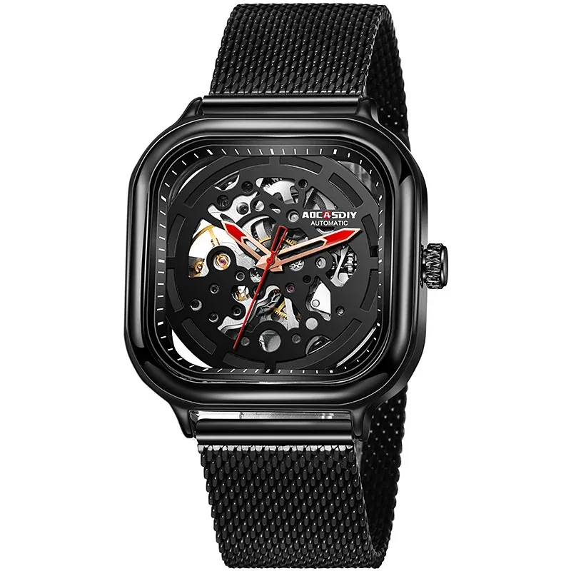 The New Cool And Fashionable Square Big Dial Alloy Mesh Belt Men's Watch Movement Waterproof Men Hollow Out Mechanical Watches