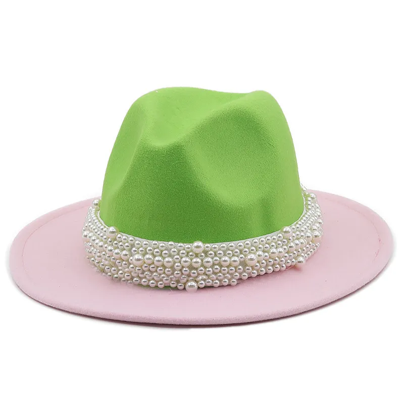 Chapeaux à larges bords Chapeaux de seau Chapeau en feutre de laine bicolore avec bandes de perles Vintage femmes large bord Jazz Fedora chapeau pour les casquettes de robe de mariée de fête couleurs personnalisées 230413