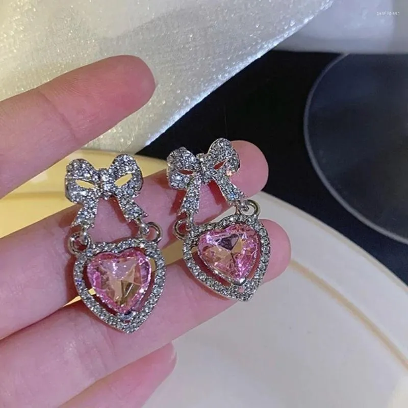 Stud Earrings Korean Exaggerated Pink White Crystal Love For Women Fashion Bowknot Piercing Y2K Jewelry Boucle Oreille Femme