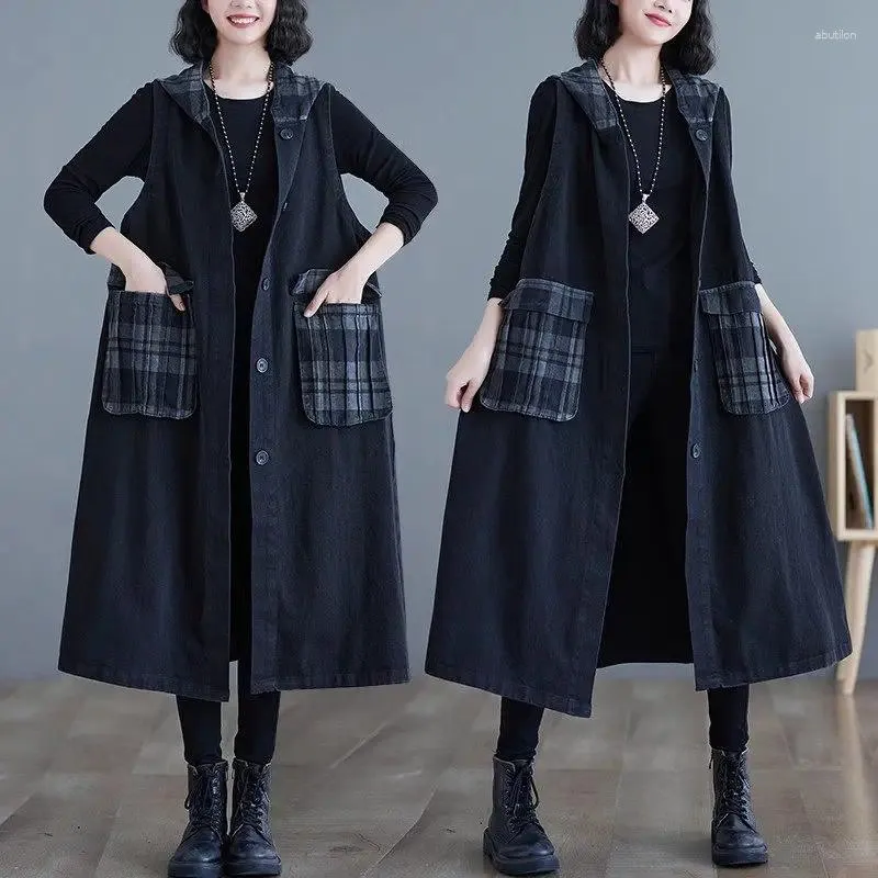 Women's Vests 2023 Plaid Patchwork Denim Vest For Spring And Autumn Oversized Loose Long Sleeveless Hooded Jacket Waistcoat Z2675