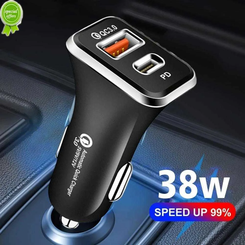 Nuovo adattatore per auto mini Stealth da 38 W Caricabatteria per auto doppio tipo C a ricarica rapida USB PD + QC / PD + PD Caricabatteria per auto per iPhone 12 Huawei Xiaomi